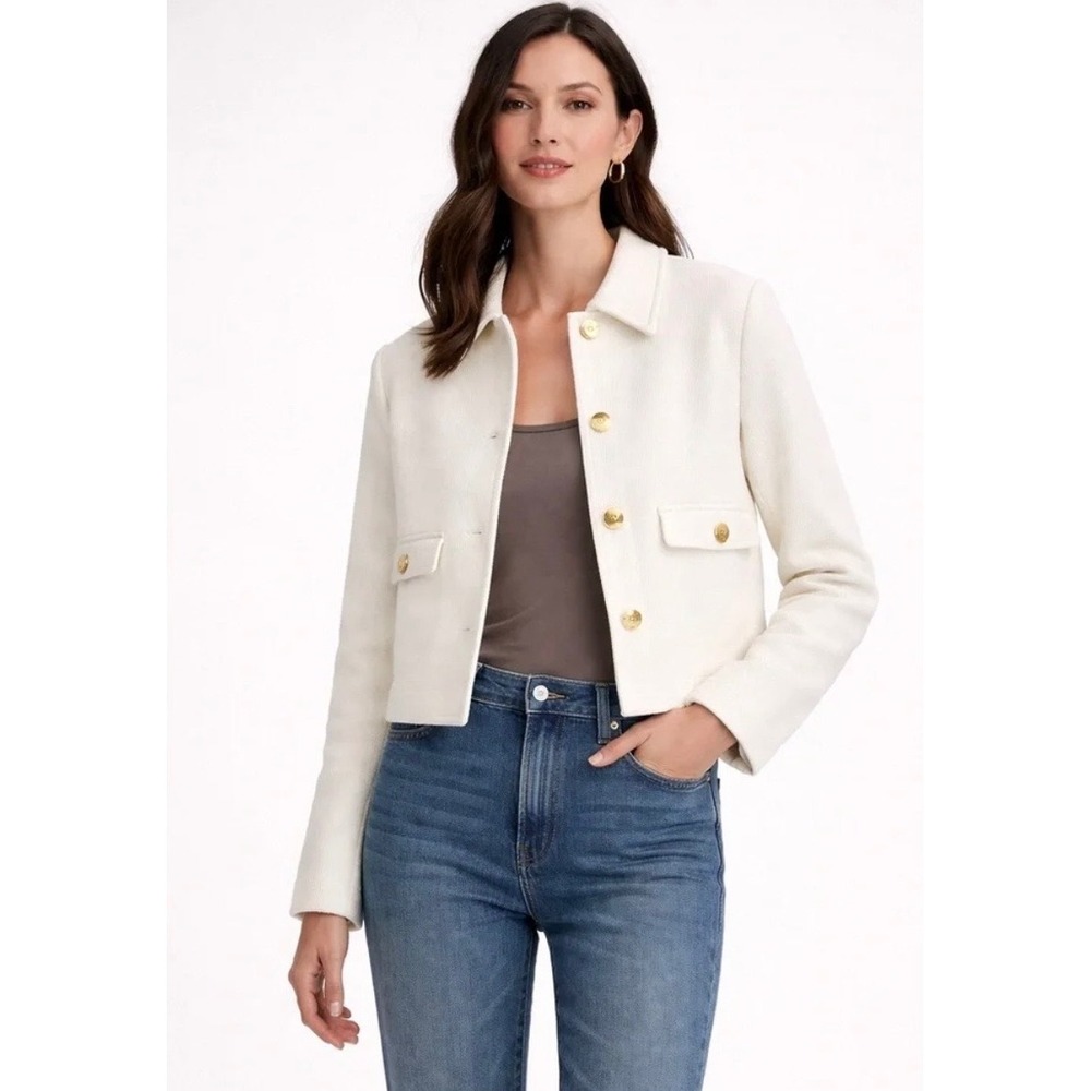 J.Crew Cropped Lady Jacket Ivory Gold Button Textured Blazer Medium